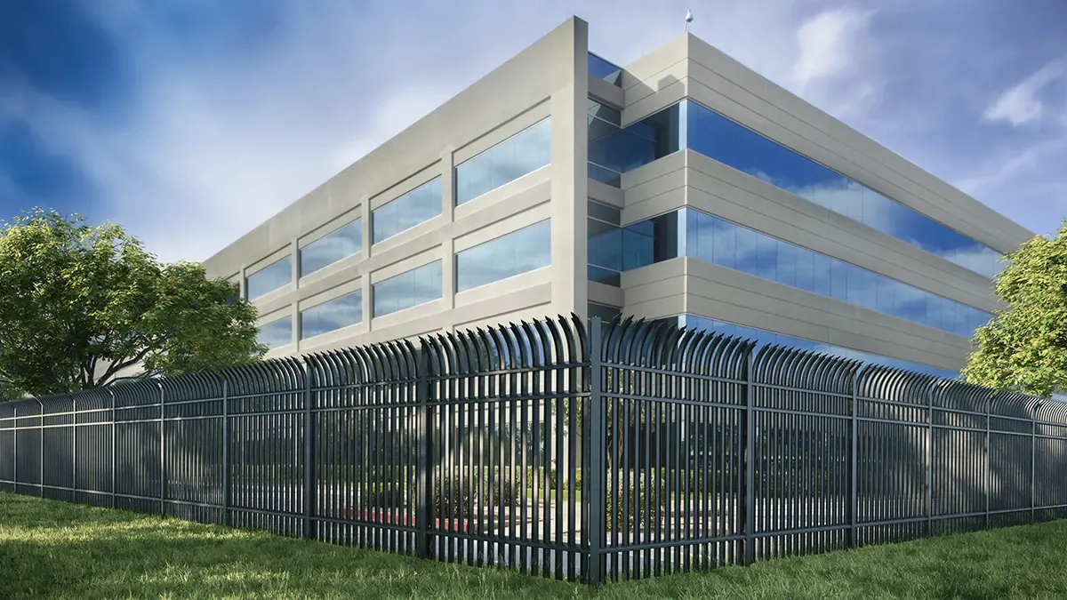 Fortress Ares high-security steel fence around an office building