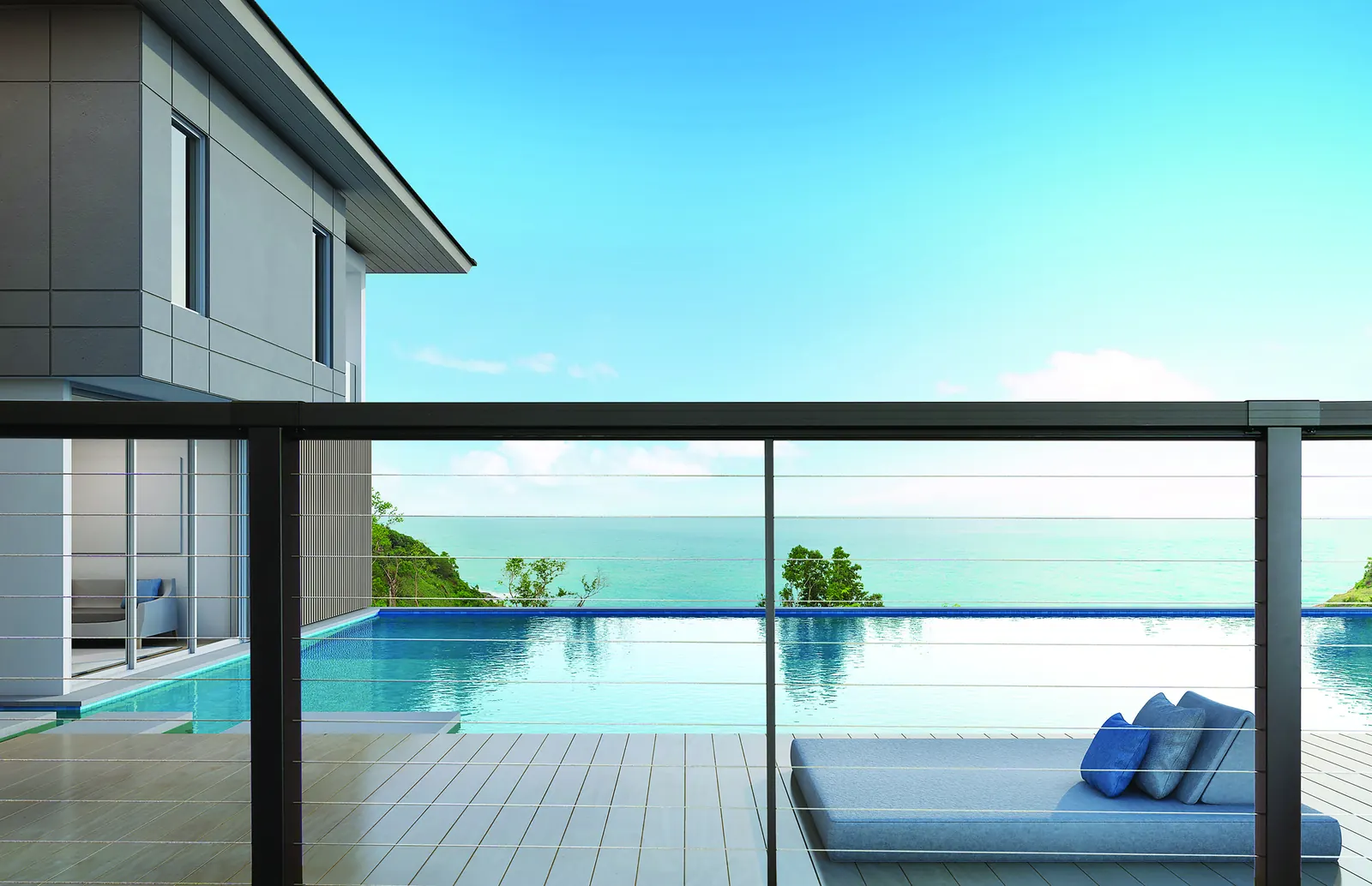 Black Vista cable railing above an infinity pool and lake