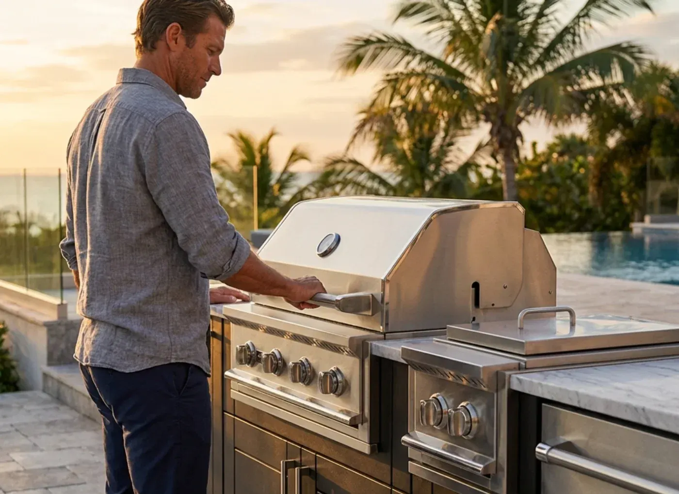 Man grilling at a WeatherStrong outdoor kitchen by the ocean