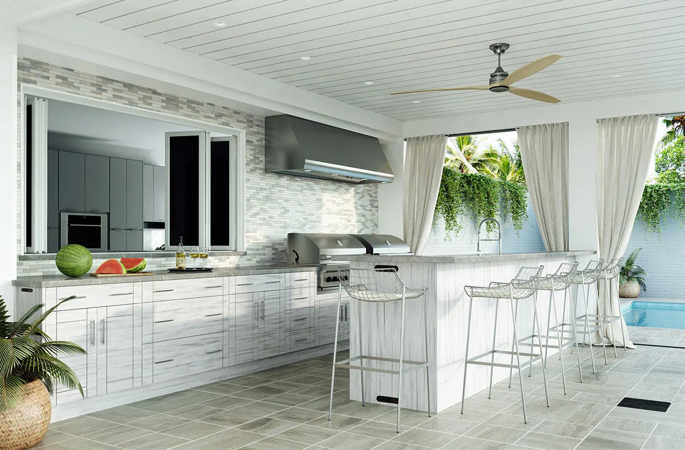 White WeatherStrong kitchen with an island in a covered patio