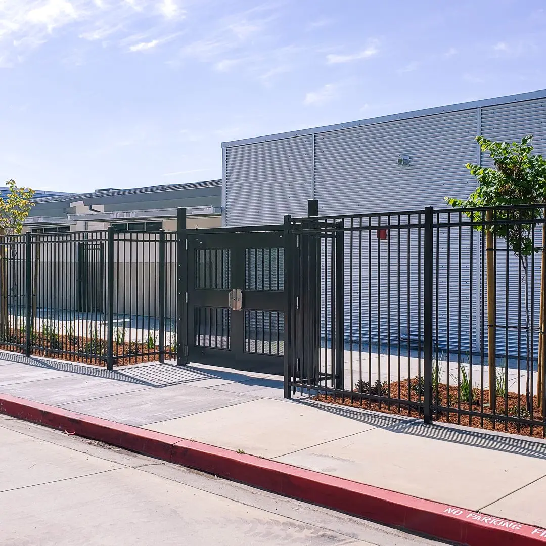 Commercial custom fabricated gate - steel pedestrian and double gates installed, Ameristar