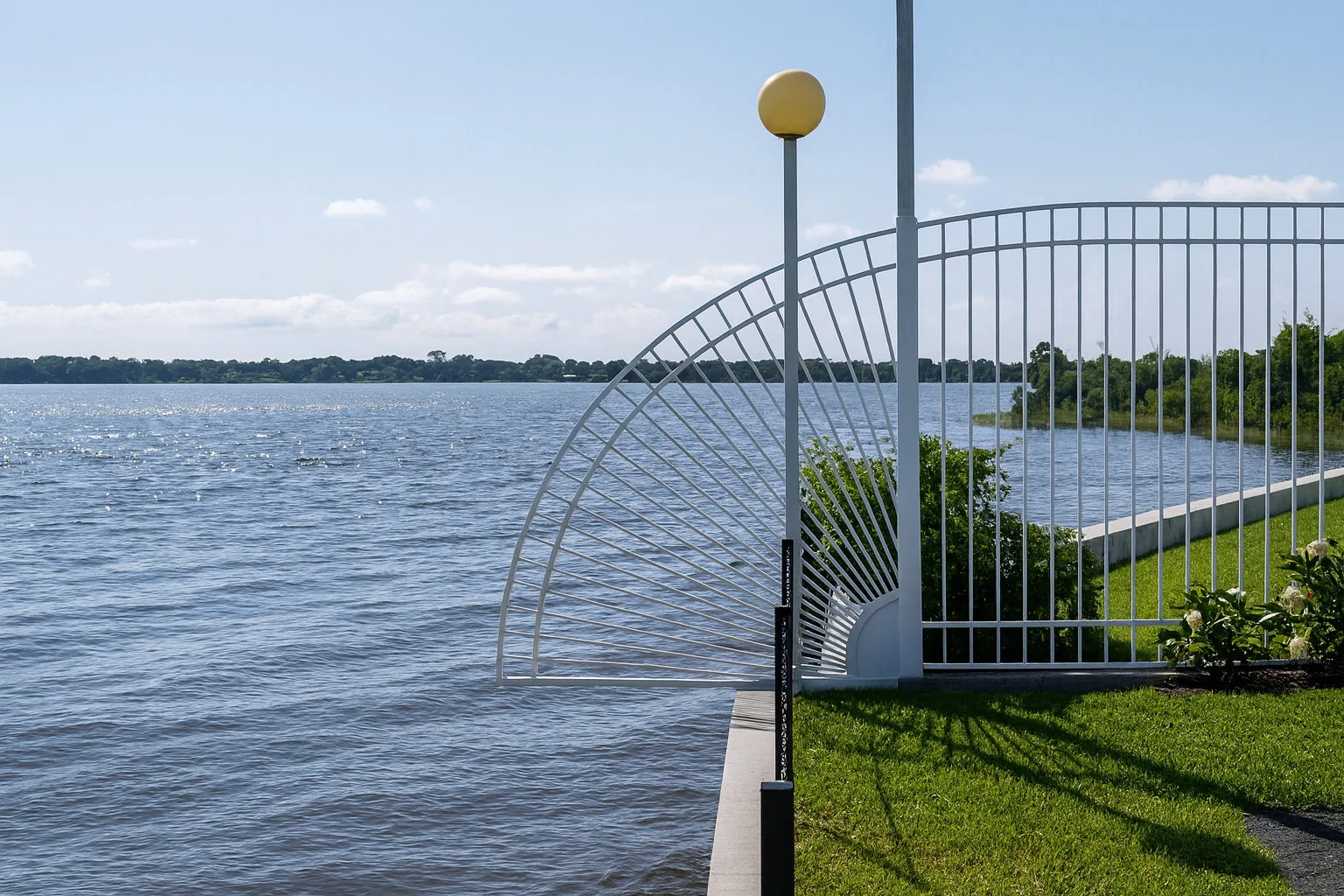 White aluminum fan-style fence panel overlooking a lake