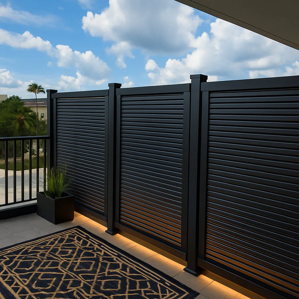 Black aluminum louver privacy fence on a balcony