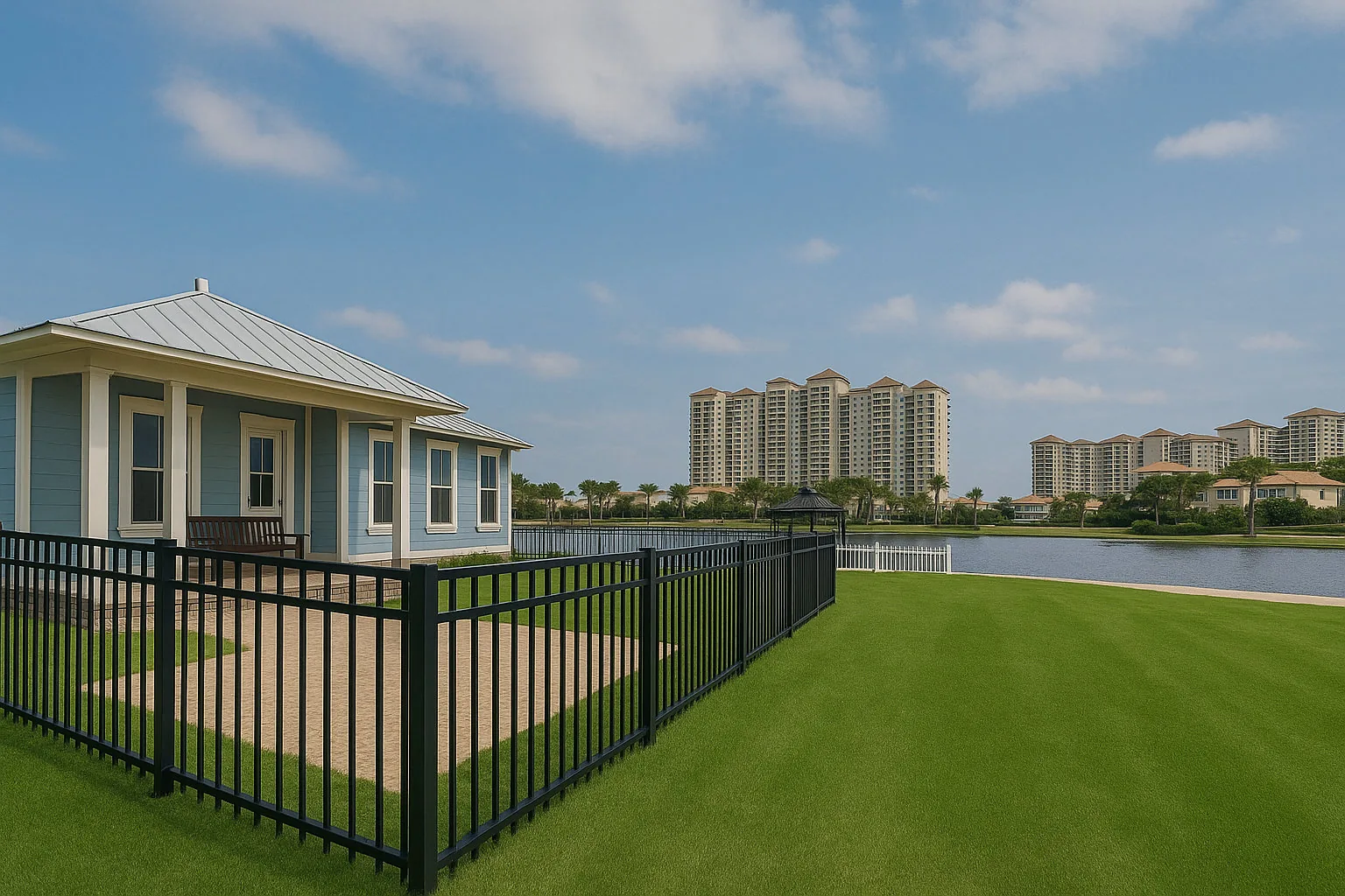 Black aluminum picket fence along a lakefront lawn