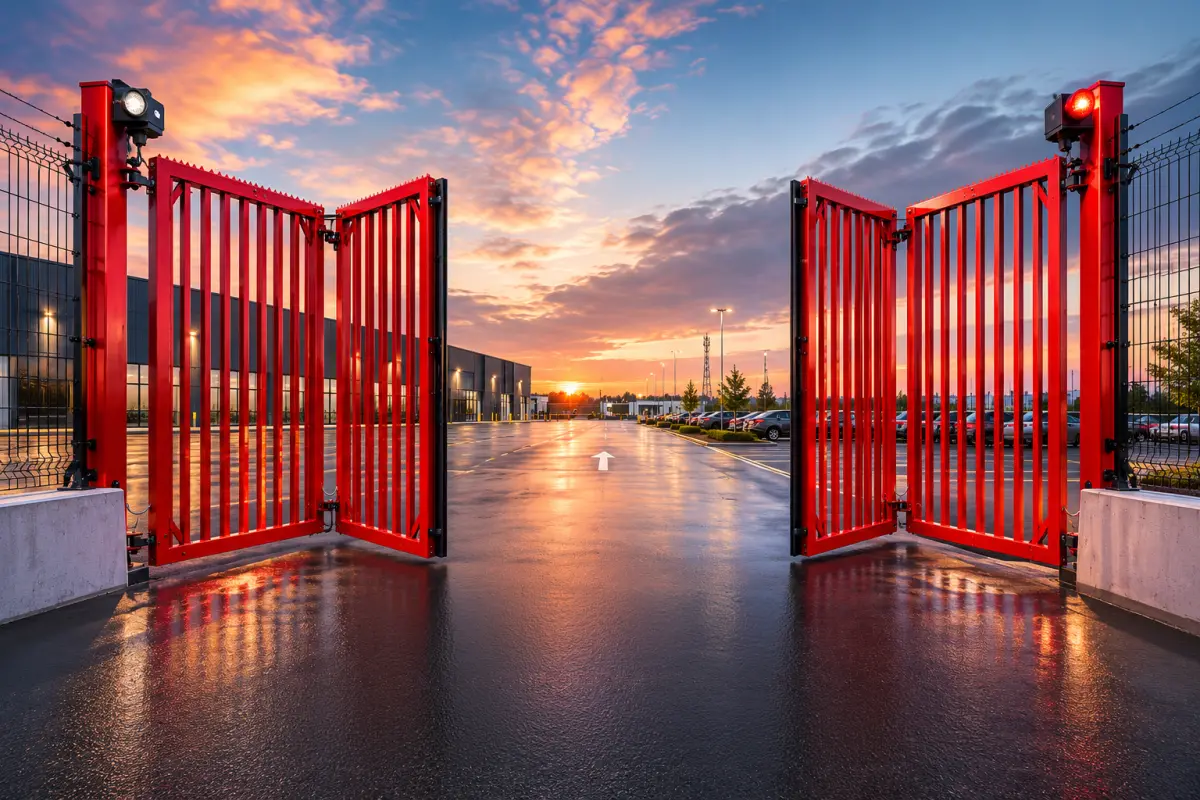 Red double swing industrial gates open at dusk