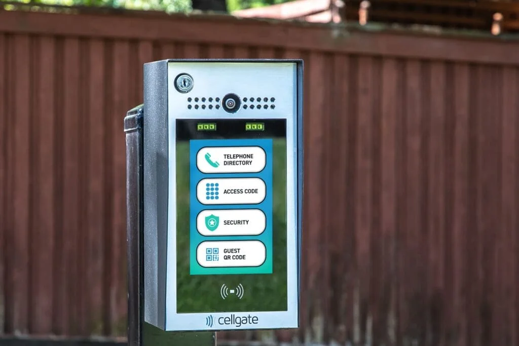 CellGate Watchman W480 touchscreen video intercom at a fence