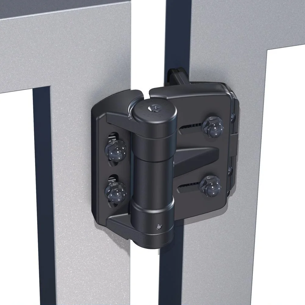 TruClose multi-adjust self-closing hinge on a metal gate post