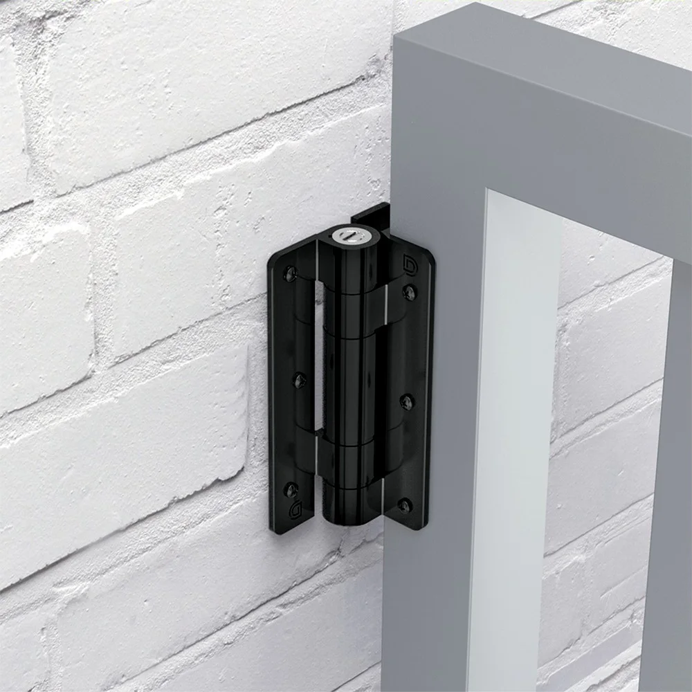 KwikFit aluminum self-closing gate hinge on a wall-mounted gate