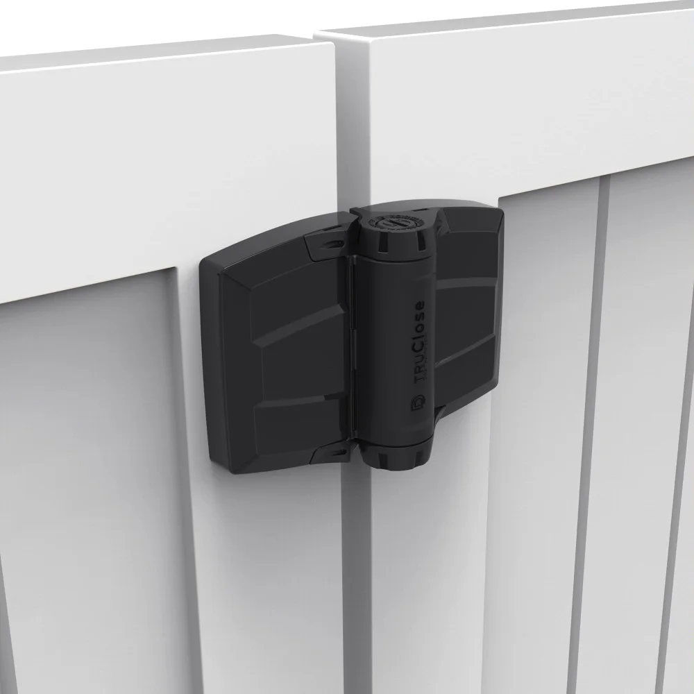 TruClose self-closing hinge on a white vinyl gate