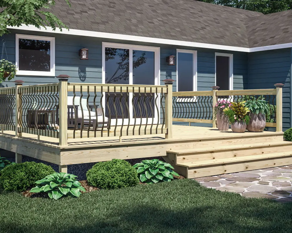 Treated pine deck with railing and black balusters beside a blue house