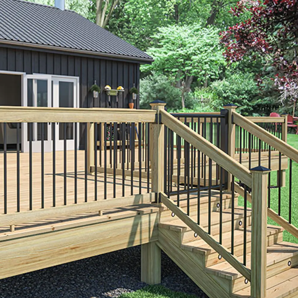 Treated pine deck with stair and black baluster railing