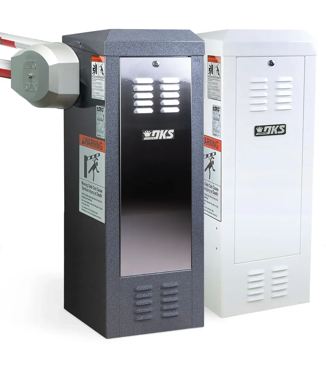 DoorKing 1601 barrier arm operators, dark and white cabinets