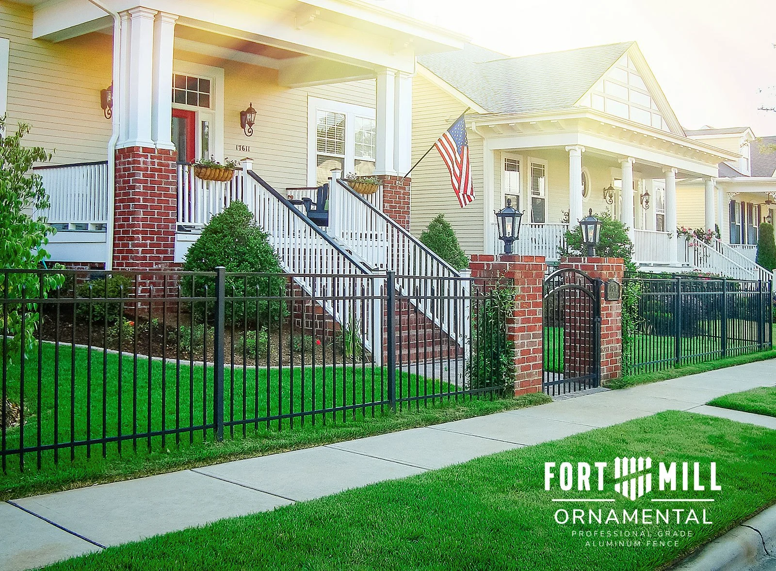 Fort Mill Ornamental Claremont style black aluminum fence at a residential porch