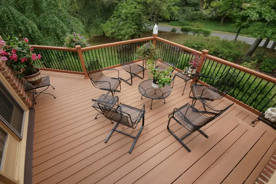 Fortress railing with black metal balusters around a composite deck