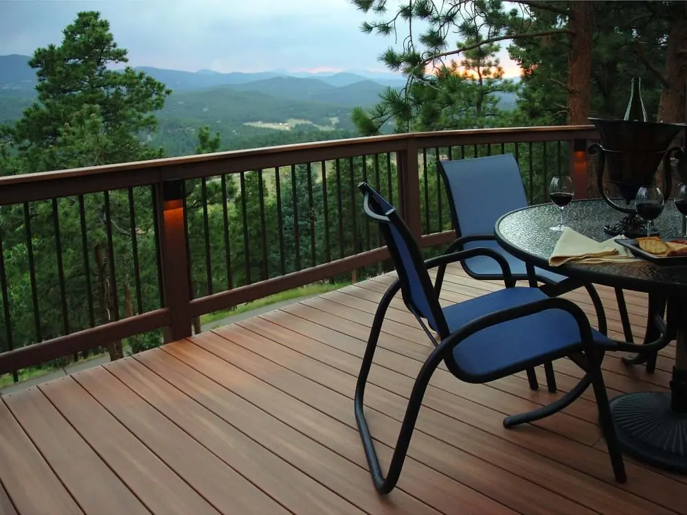 Fortress balusters in a wood-framed deck railing with mountain view