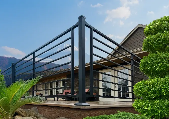 Fortress Fe26 steel railing with horizontal rails on a residential deck
