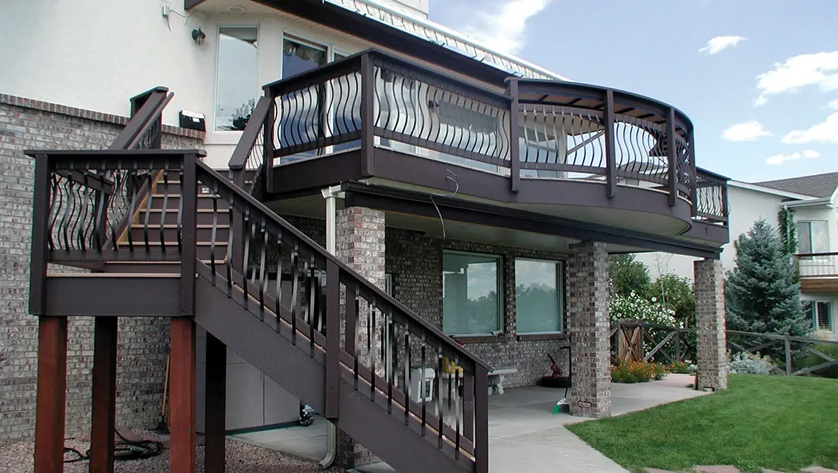 Fortress curved decorative balusters on a two-story deck and stairs
