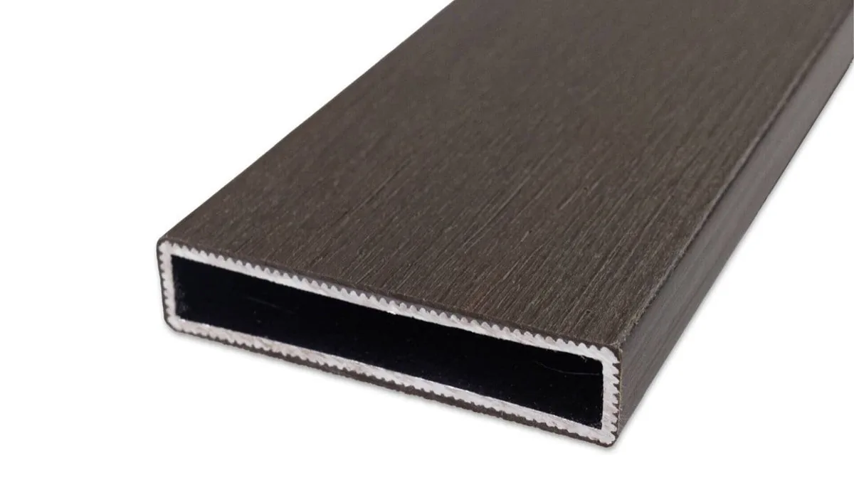 Cap Coat aluminum fence rail in a dark brown wood-grain finish
