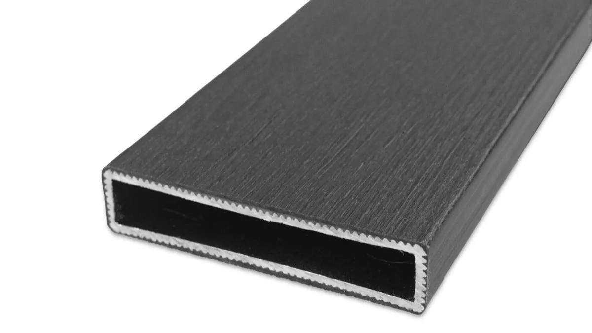 Cap Coat aluminum fence rail in a charcoal wood-grain finish
