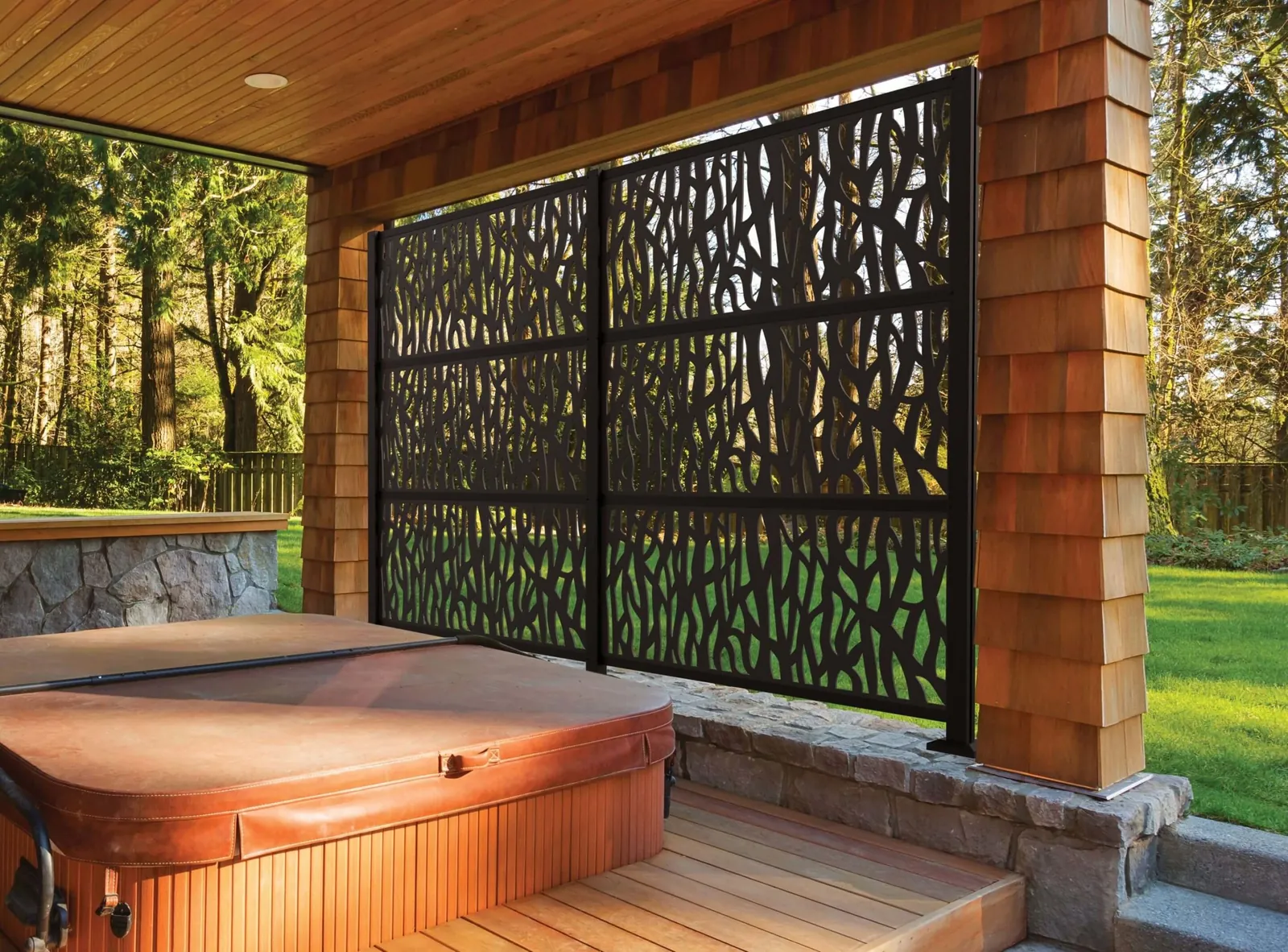 Decorative privacy screen around a hot tub