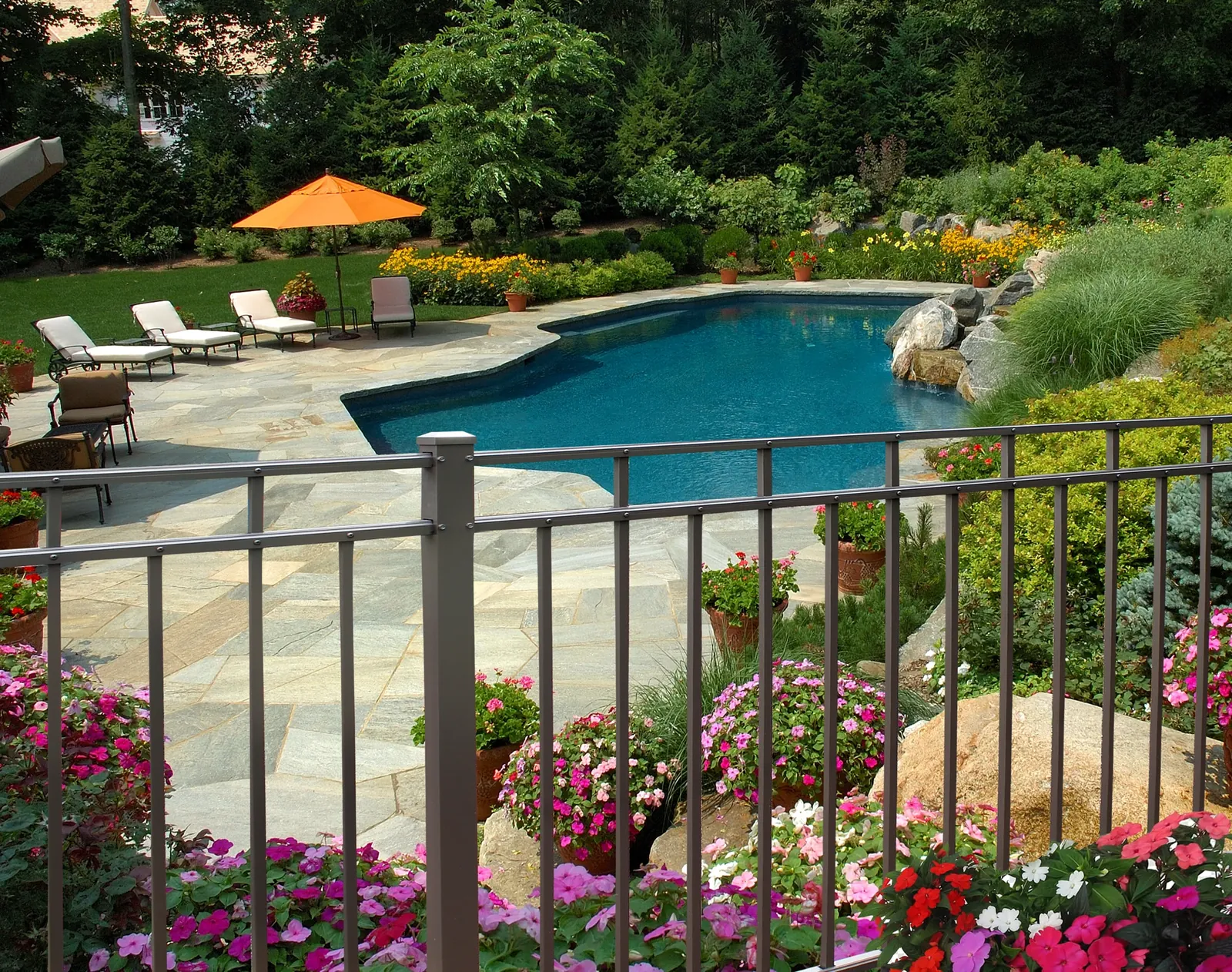 Black aluminum pool fence above a landscaped pool