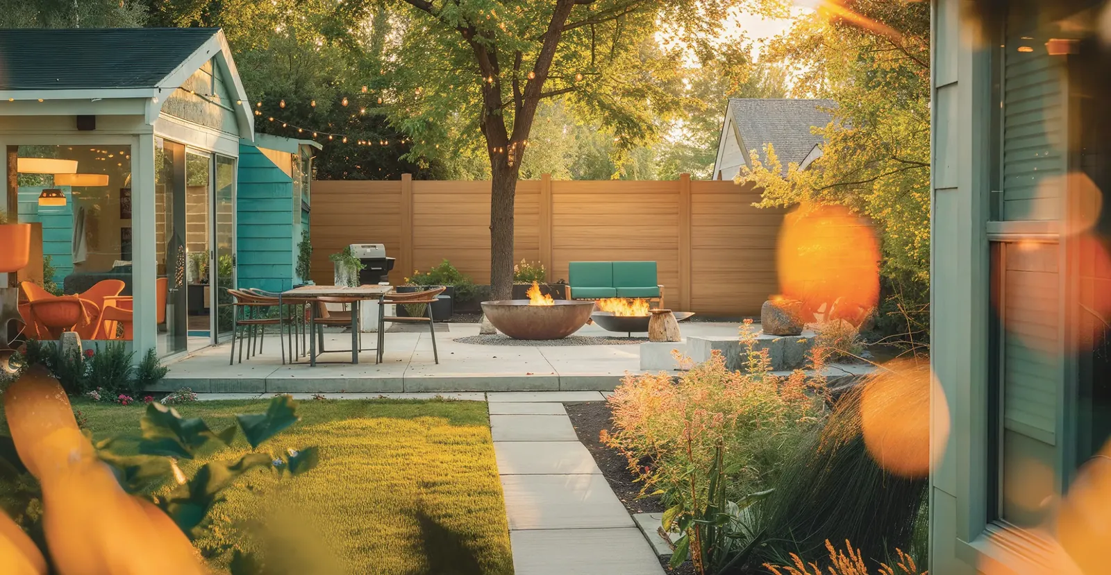Privacy fence around a garden patio and fire pit