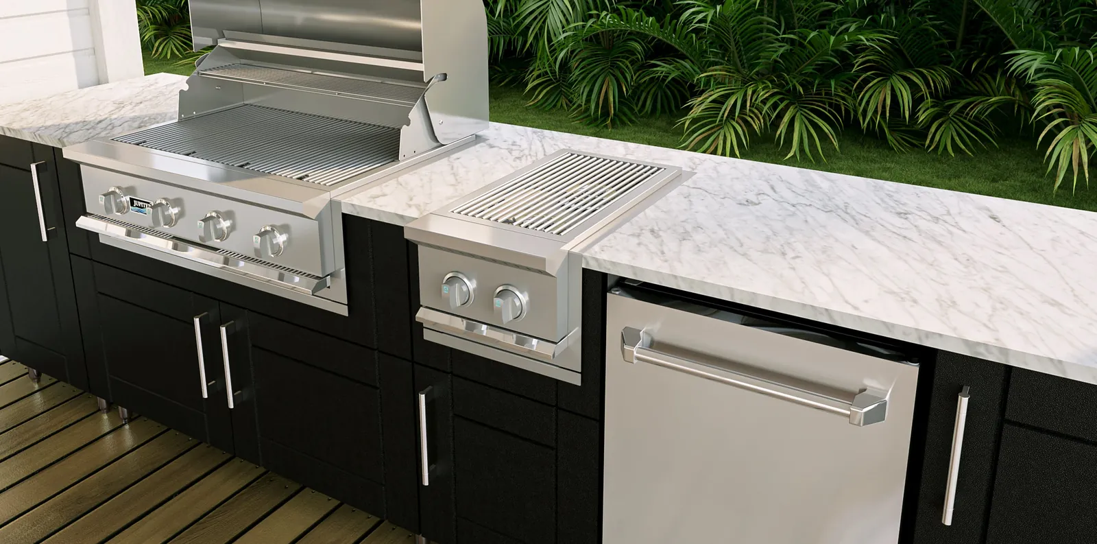 Outdoor kitchen cabinets with built-in cooking and a refrigerator