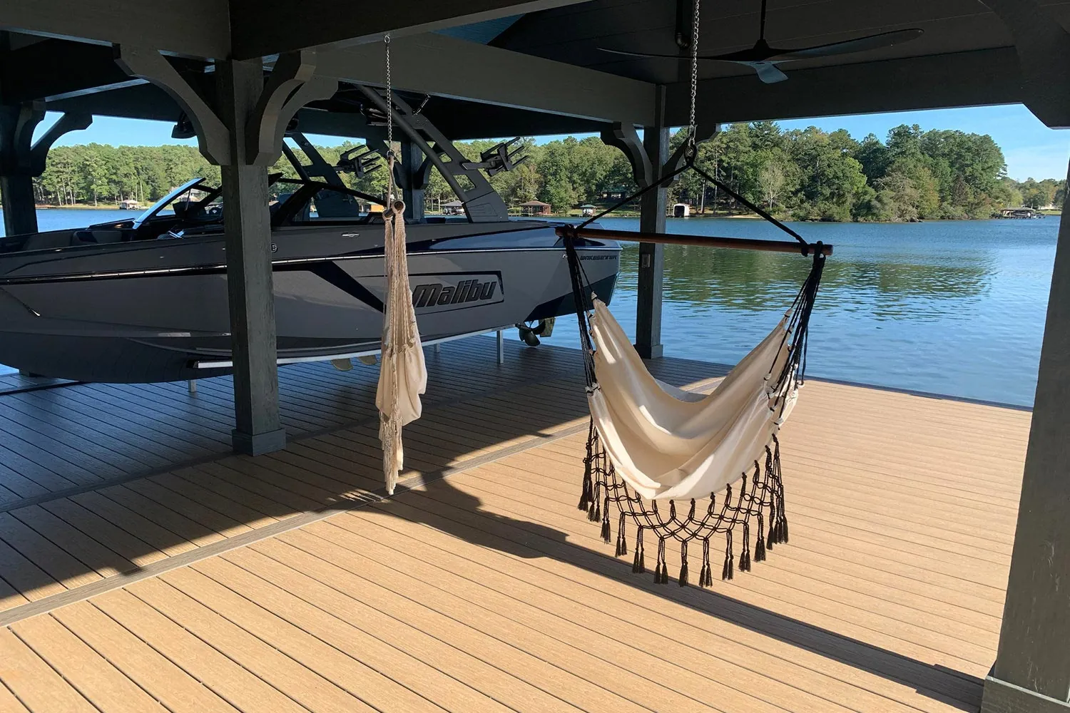 Boathouse deck with a hammock on the lake