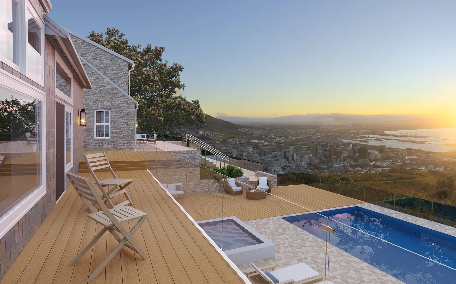 Hillside deck and plunge pool facing a sunset view