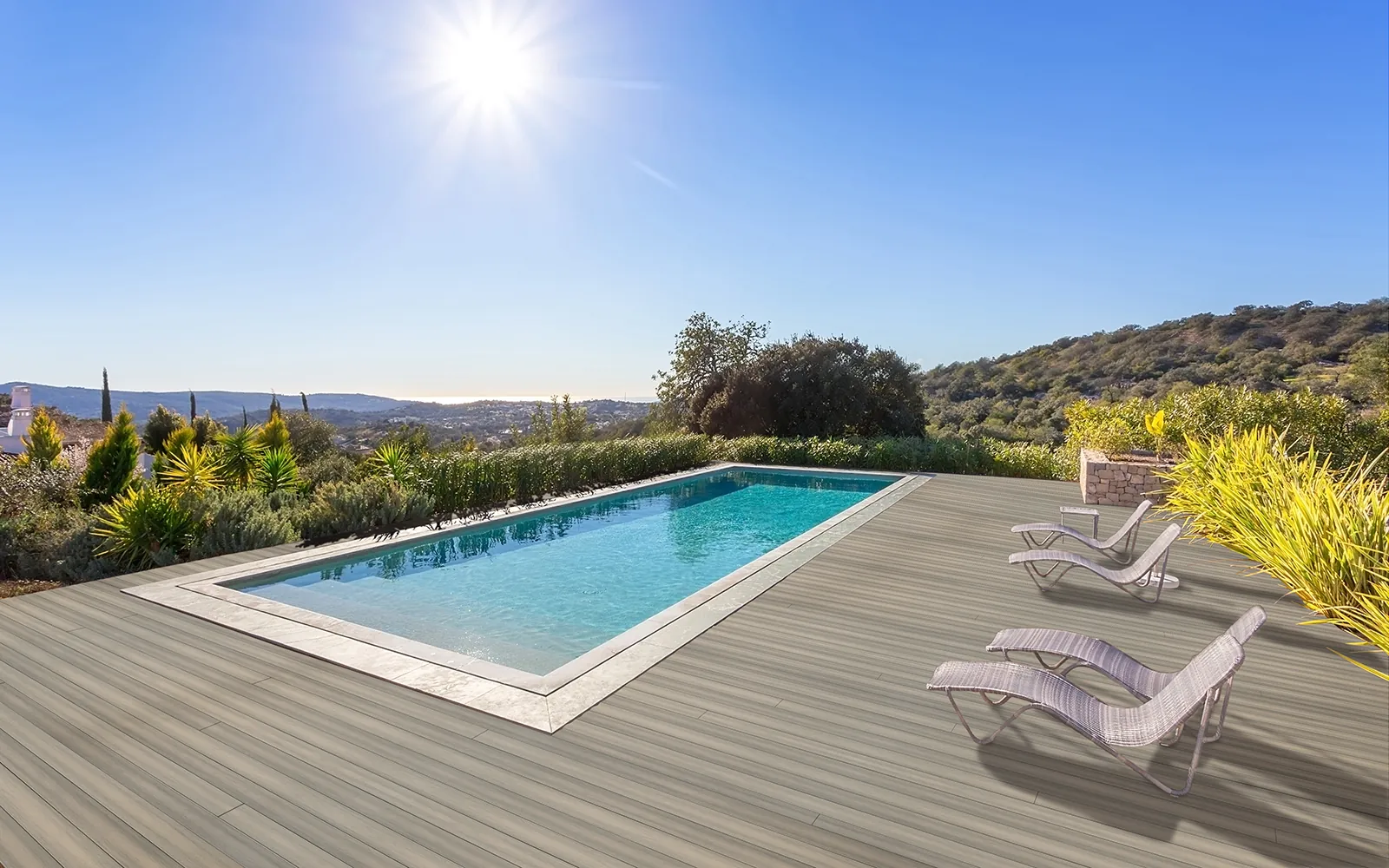 Pool deck overlooking a valley
