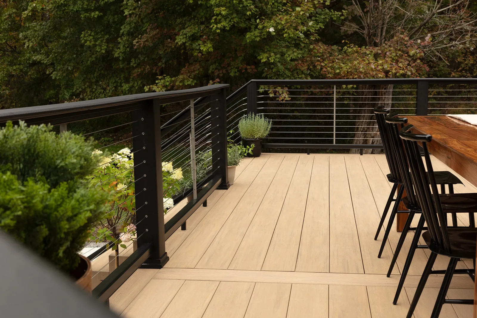 Deck dining area with horizontal railing