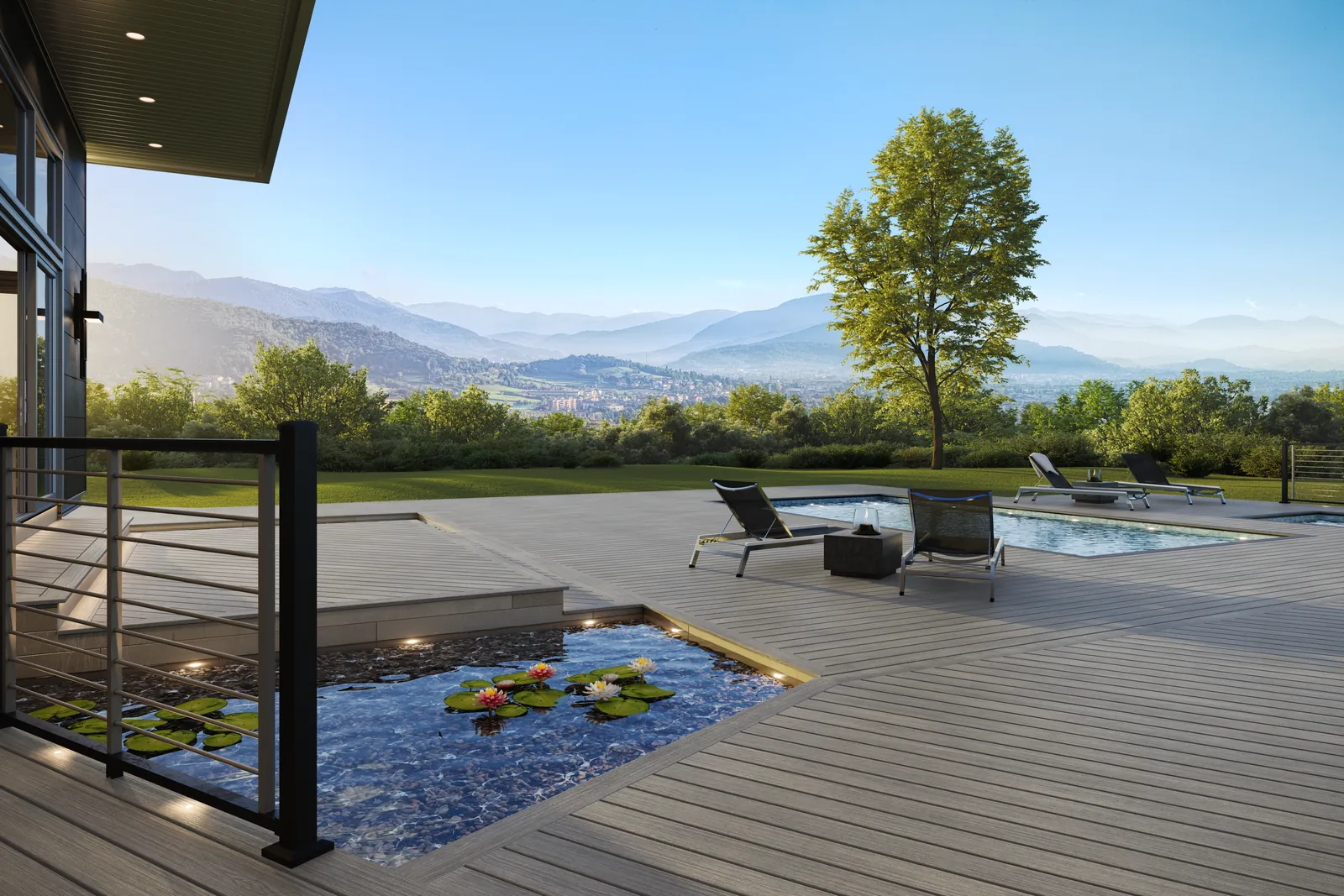 Gray deck with a reflecting pool and valley view