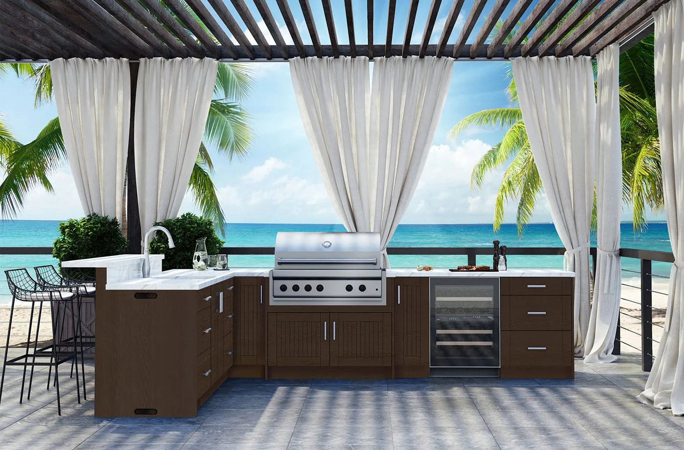 Beachfront outdoor kitchen with curtains