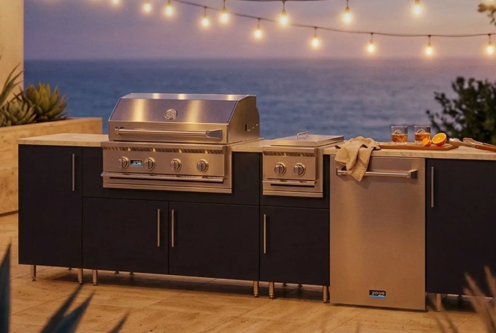 Oceanfront outdoor kitchen with grill and cabinets at dusk