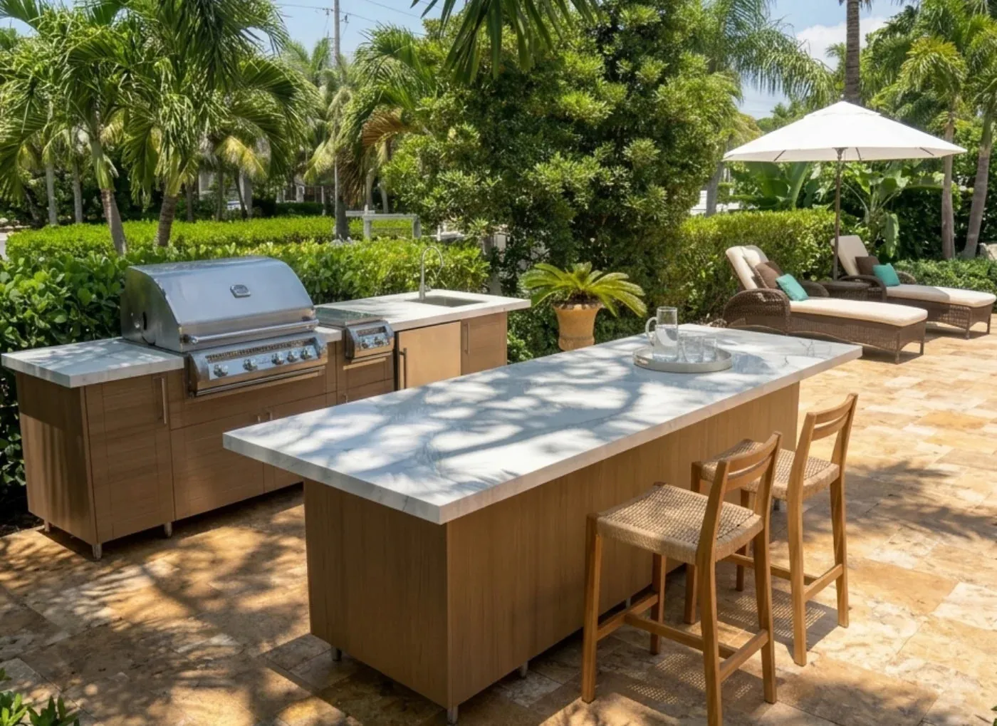 Outdoor kitchen island with a pool view