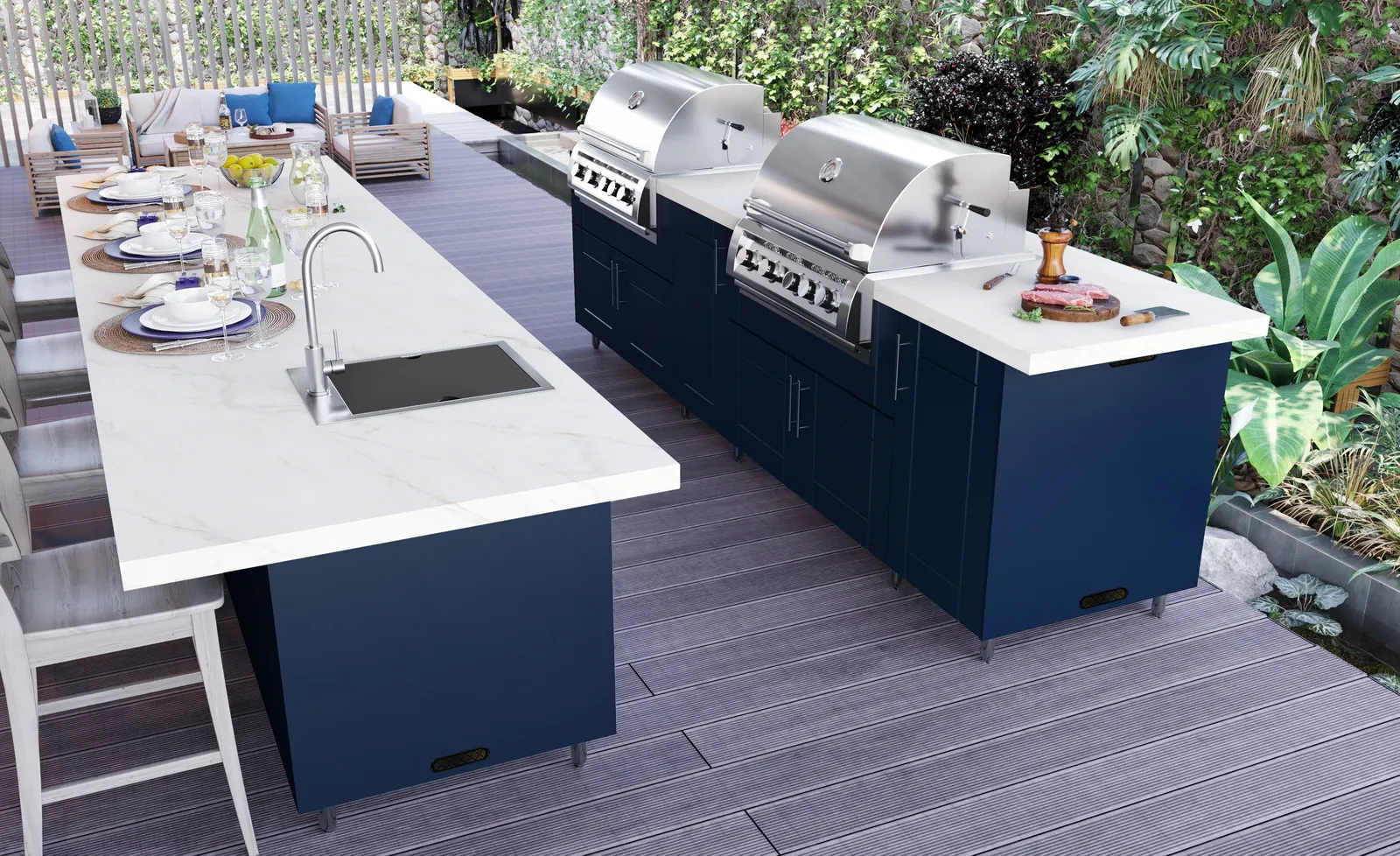 Outdoor kitchen island with seating on a deck