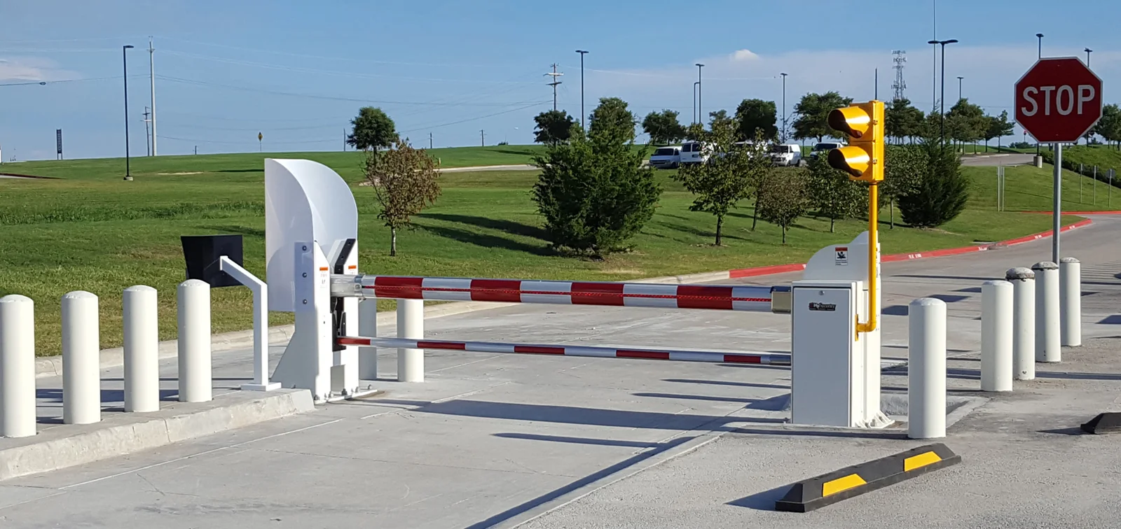 HySecurity StrongArm crash-rated barrier arm at a secured entrance