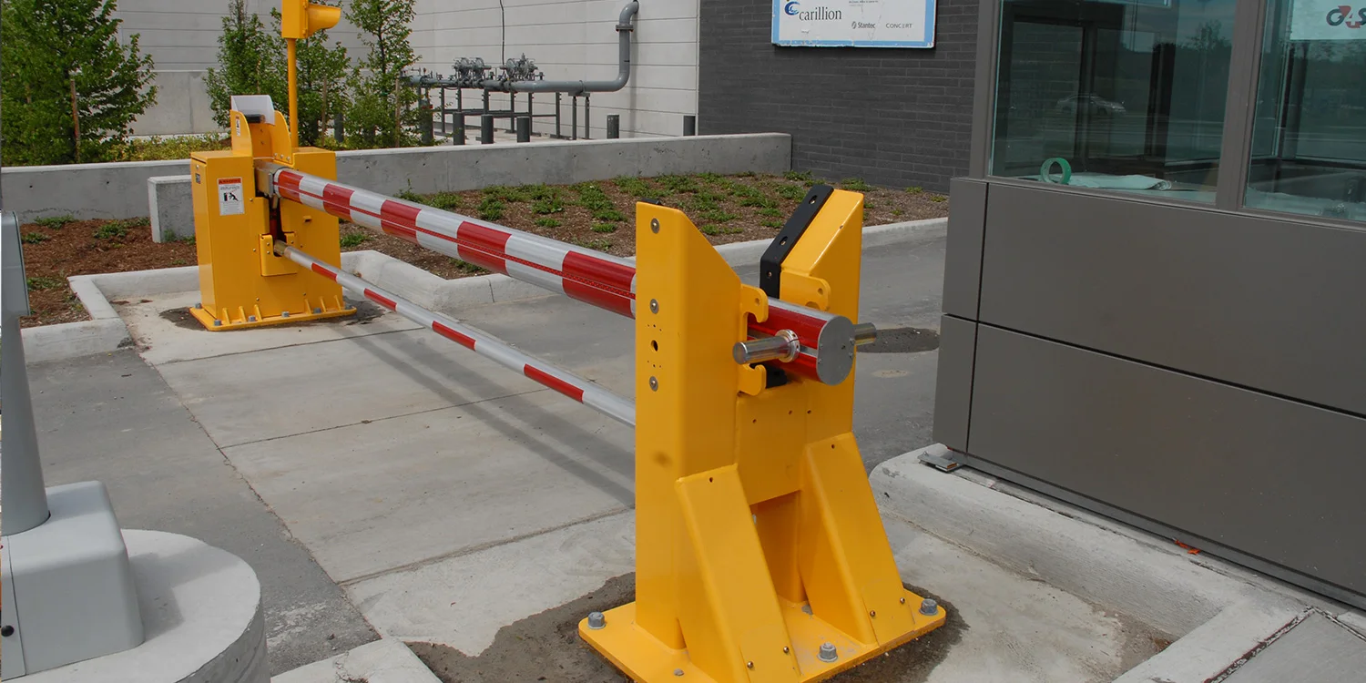 HySecurity StrongArm crash-rated barrier arm at a secured entrance