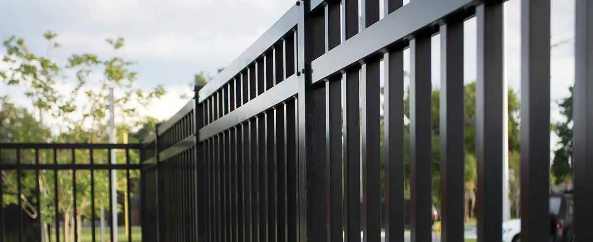 Independence black aluminum fence close view with tall pickets