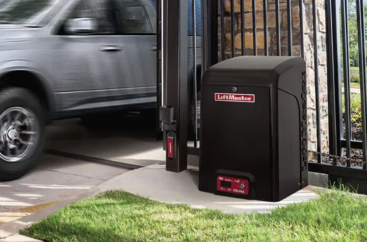 LiftMaster residential slide gate operator mounted at a driveway gate