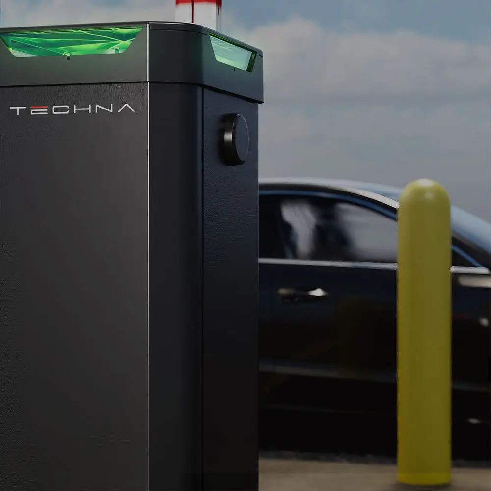 LiftMaster TECHNA barrier gate operator cabinet at a vehicle entry