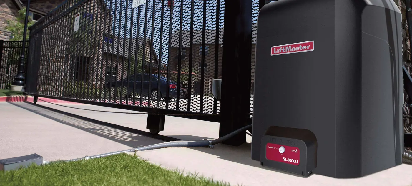 LiftMaster slide gate operator installed at an ornamental gate