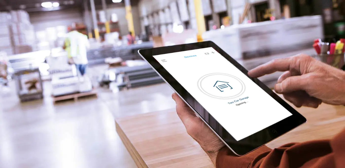 Tablet showing myQ control in a workspace