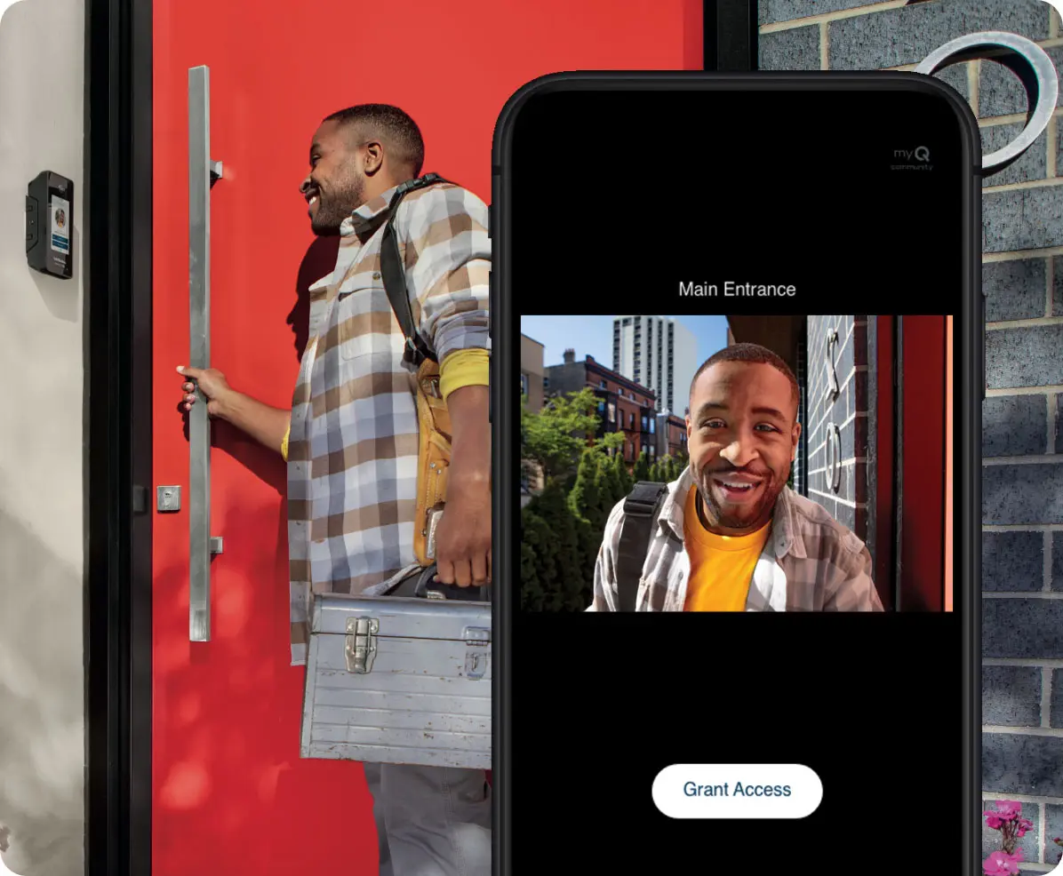 LiftMaster video entry showing a visitor at the door on a phone