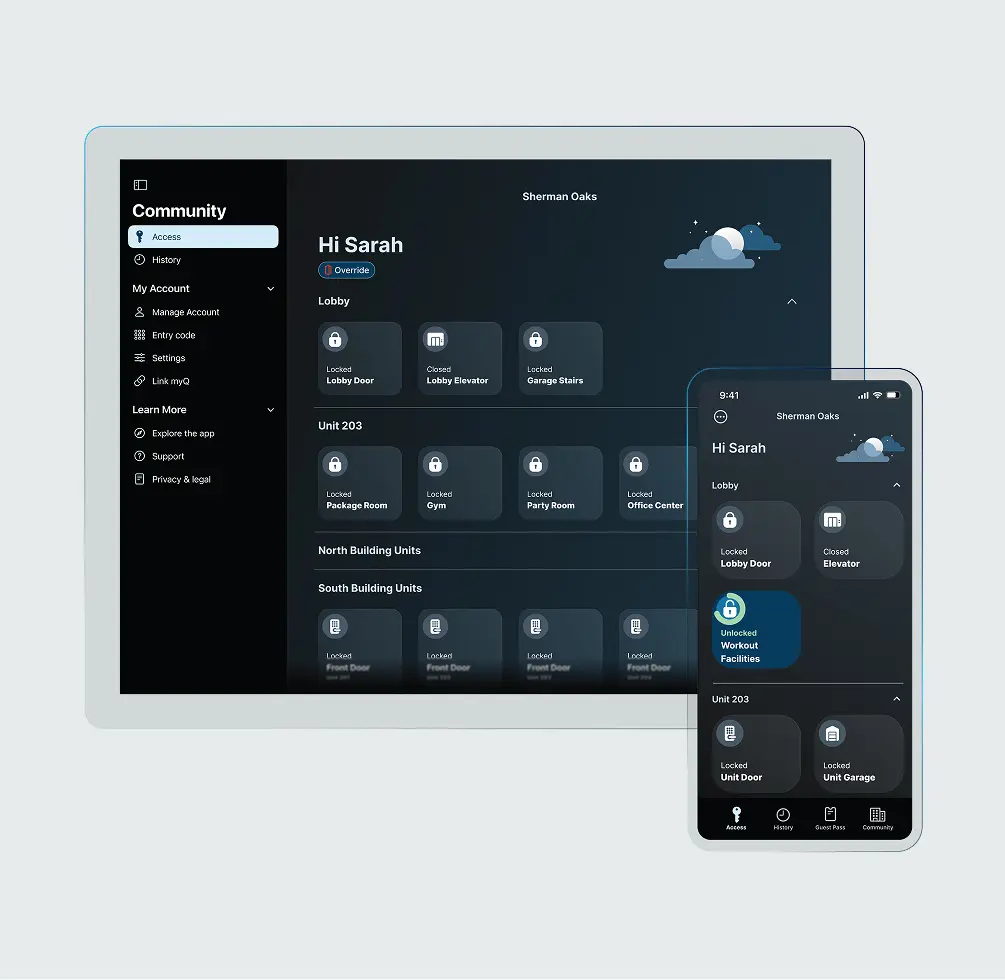 LiftMaster smart access controller community management app on tablet and phone