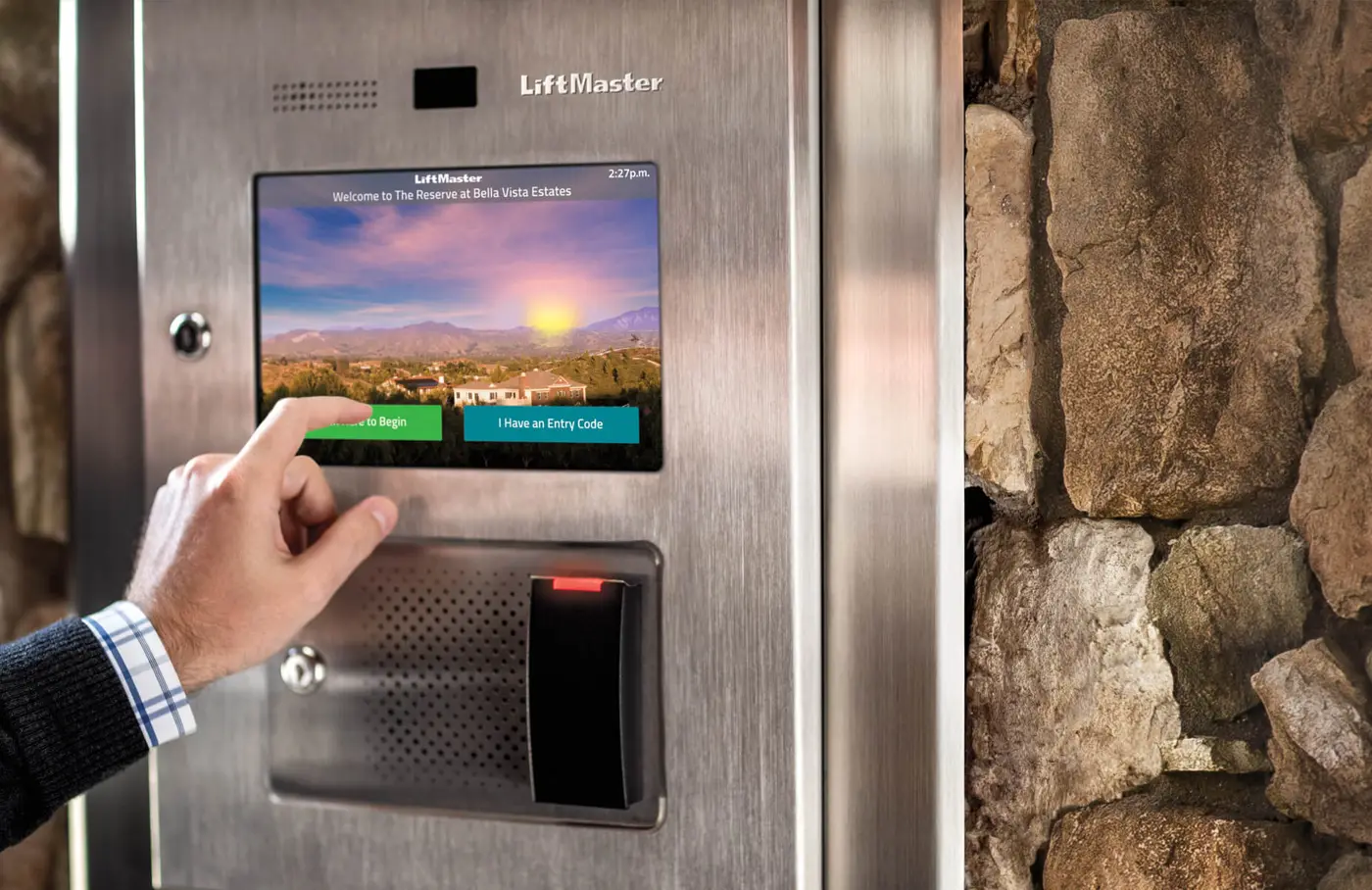 LiftMaster myQ Business access panel at a building entrance