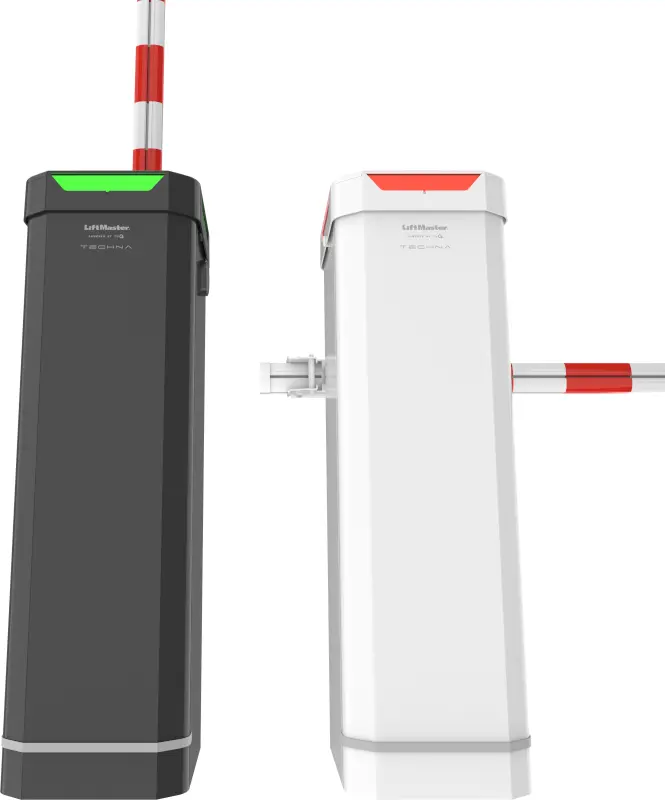 LiftMaster TECHNA barrier gate operators in black and white with arms