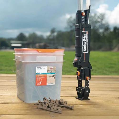 Timber Drive screw box with driver on a wood surface