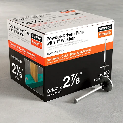 Box of Simpson Strong-Tie powder-driven pins with washers