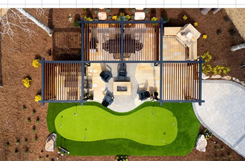 Overhead view of a StruXure Cabana X MOD layout over a backyard patio